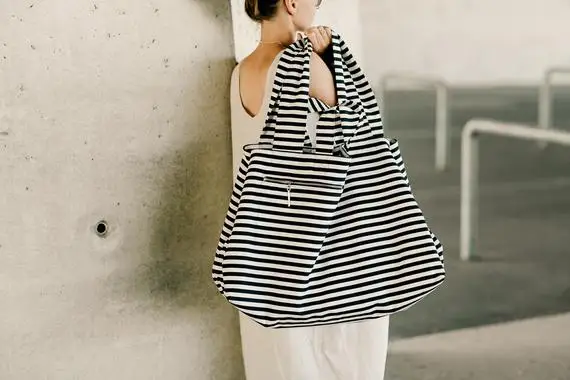 Thick Large Canvas Fashion Durable Women Black And White Stripes Shoulder Bag Shopping Tote Flax Cotton Shopping Bags Maximal