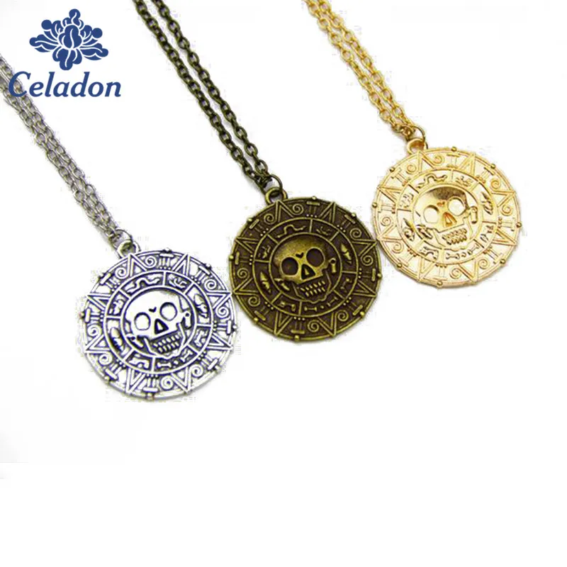 Wholesale 1pcs Pirates Of The Caribbean Necklace Jack Sparrow Aztec Coin Medallion Vintage Gold Bronze Pendant