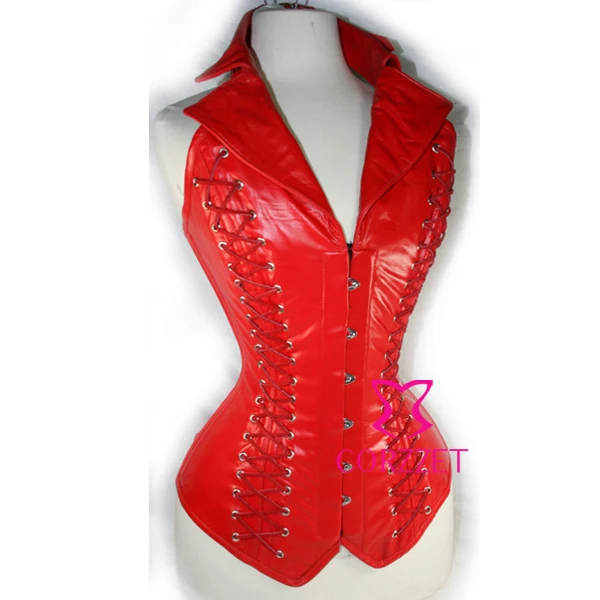 

Red Faux Leather Lace Up Back Steel Boned Goth Steampunk Collar Corset Bustier Top Women Burlesque Corselete Corselet Corpete