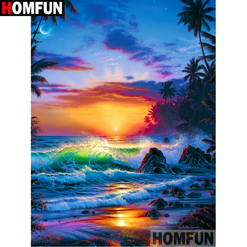 HOMFUN – peinture diamant thème "coucher de soleil", broderie complète 5D, perles carrées ou rondes, points de croix, à faire soi-même, décoration d'intérieur 3D, cadeau, A12492