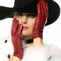 Fashion Special Offer Genuine Leather Gloves Women Solid Wrist Buttons Female Lambskin Driving Glove Free Shipping L090NN