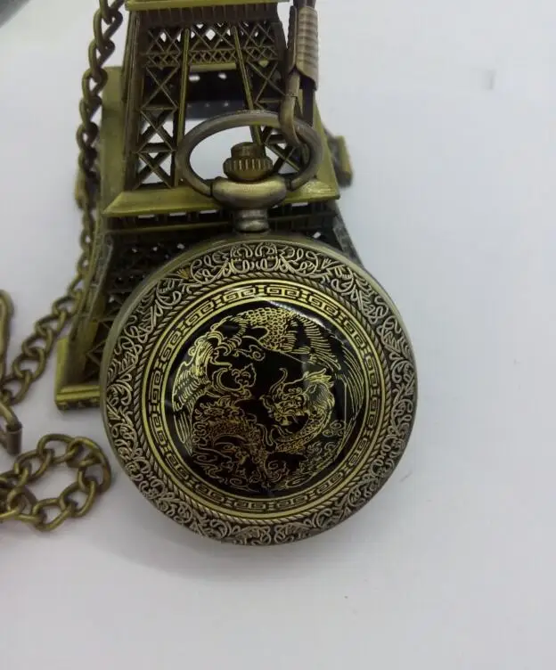 Retro Chinese Style Dragon Phoenix Pocket Watch With Necklace Chain Bronze Fob Watch Free Shipping 10pcs/lot