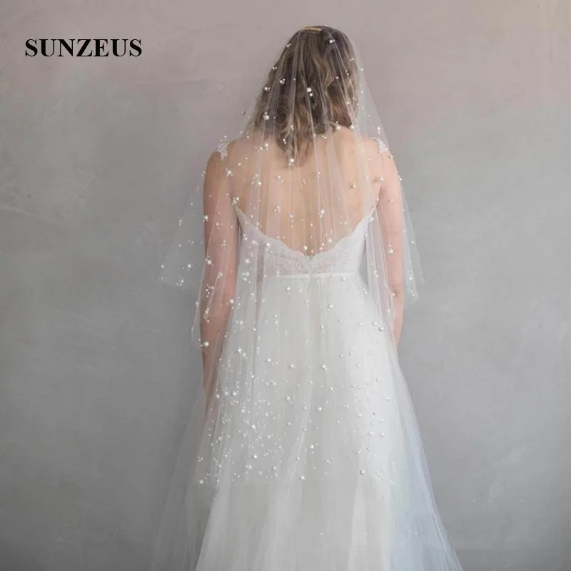 White Wedding Veils with Comb Pearls Cut Edge Two Layers Bridal Veil Middle Length gelin duvak SBV44