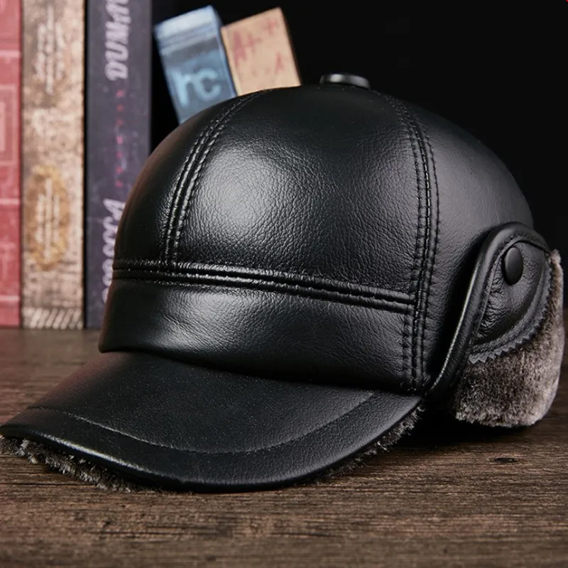 XdanqinX Genuine Leather Hat Men\'s Winter Warm Baseball Caps Snapback Dad Cap Plus Velvet Thicken Cowhide Earmuffs Hats For Men