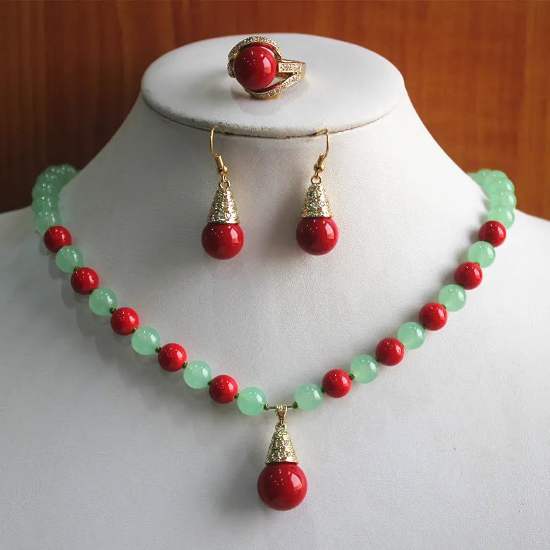 

party! Wholesale Women's 8mm green Natural jade mixed red coral Necklace earring ring(7/8/9) jewelry set