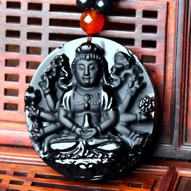 Natural Black Obsidian Carved Thousand Hands Guanyin Buddha Pendants Fit Fashion Sweater Necklace Jewelry Making