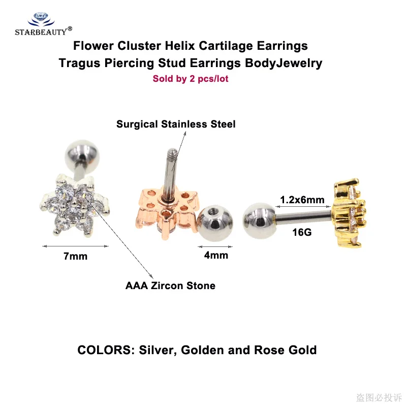 2 pcs/lot 1.2x6mm Clear Gem Paved Flower Tragus Piercing Oreja Helix Cartilage Earrings Star Ear Piercing Earring Stud Pircing