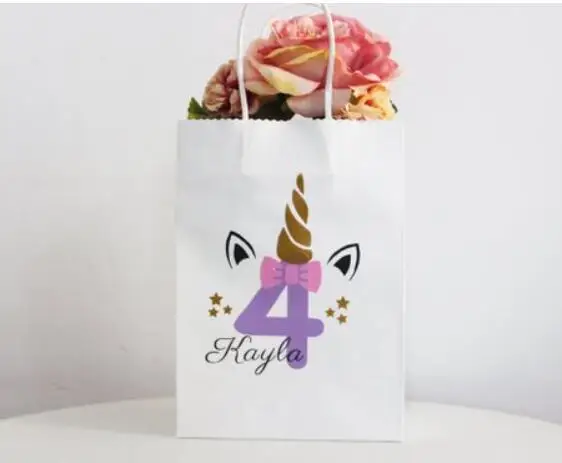 

Personalize unicorn birthday party welcome bags, custom birthday thank you gift bags, mouse baby shower Christening gift bags