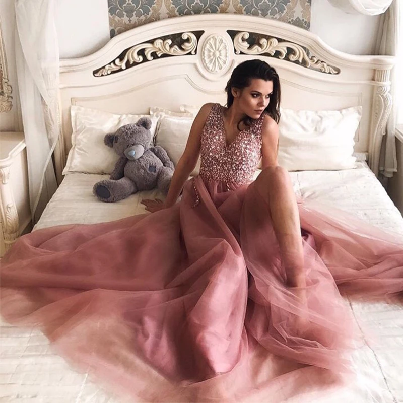 ขายร้อน Dresses 2019 V คอสีชมพูแยก Tulle กระโปรงยาวเต็มรูปแบบชุดราตรี Backless Vestido De formatura