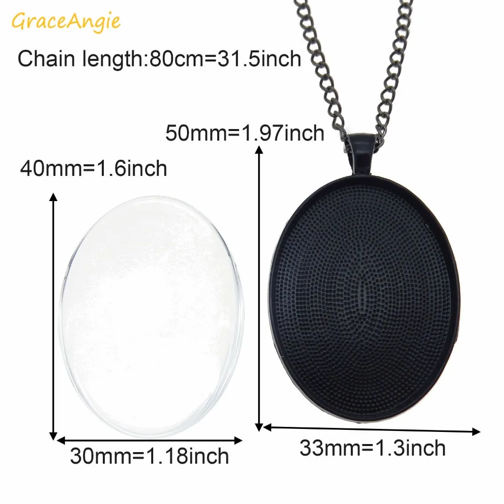 GraceAngie 1set Alloy Gunblack Antique bronze Necklace charm Tray Bezel Pendant Base with Glass + Chain Jewelry Making Accessory