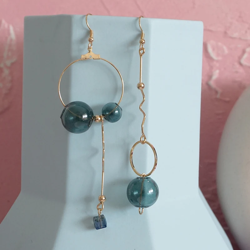 Over 10 Designs ! Original Design Vintage Green Glass Ball Dangle Long Earrings For Women Asymmetric Bubble Korean Earrings