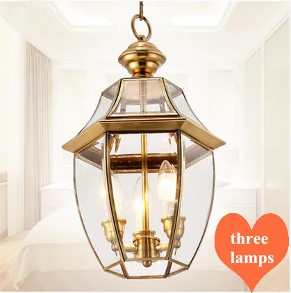 European copper&crystal glass Pendant lights Handwork soldering E14 LED three lamps light for porch&pavilion&stairs BRSDD004