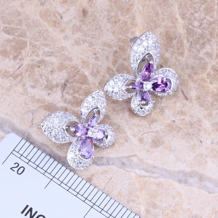 Shiny Butterfly Purple Cubic Zirconia White CZ Silver Plated Earrings Pendant Necklace Fashion Jewelry Sets S0730