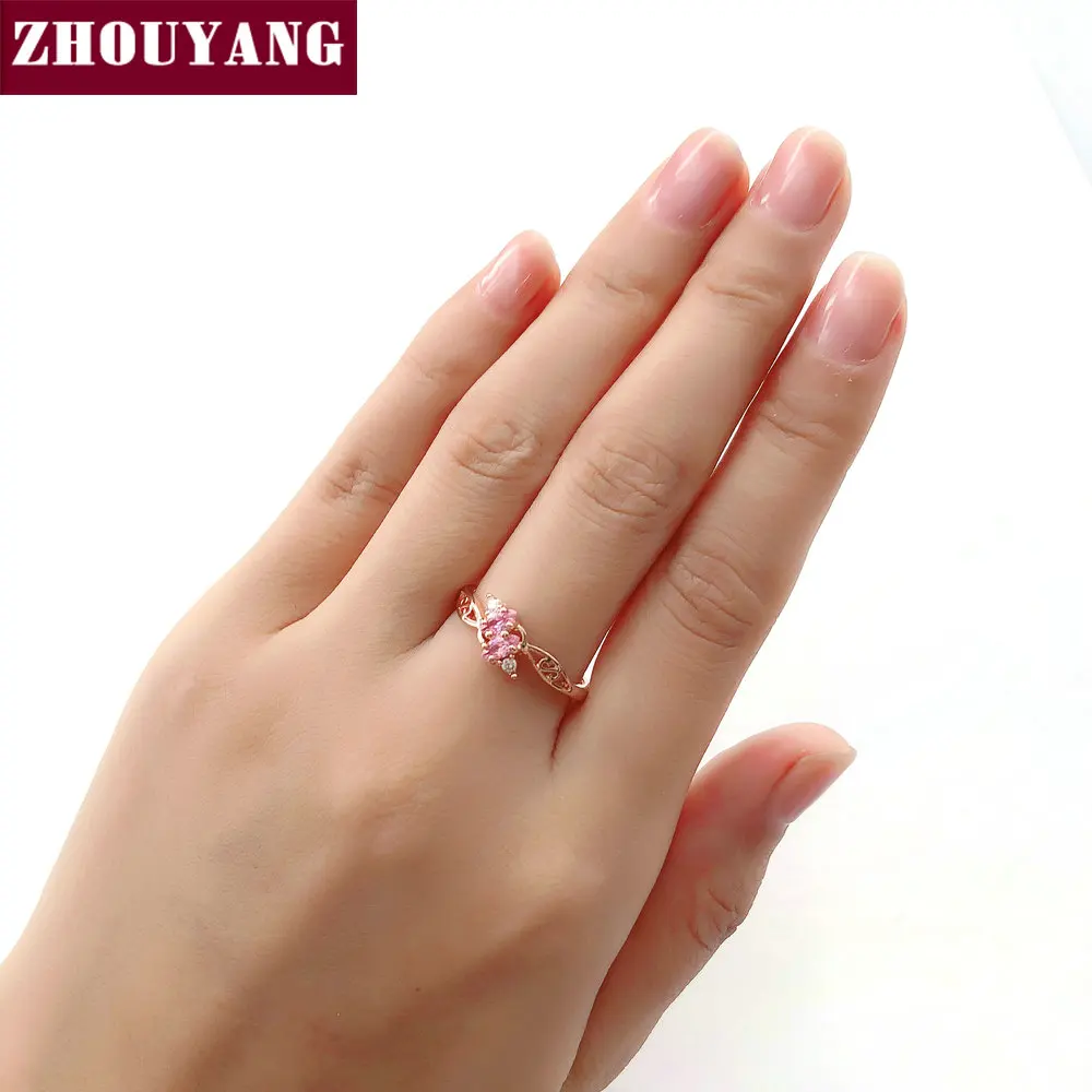 ZHOUYANG Ring For Women Elegant Style 3 Color CZ Crystal Hollow Out Rose Gold Color Engagement Fashion Jewelry R671 R777