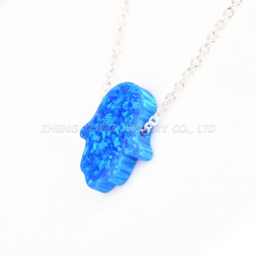 Ocean Blue Hand Pendant Necklace 925 Silver Chain Blue Opal Jewelry