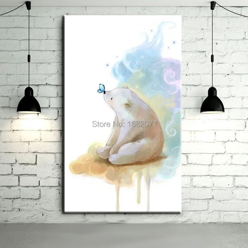 Skills Artist Hand-painted High Quality Modern Funny Animal Lovely White Bear Kiss Butterfly Oil Painting For Baby Room Decor