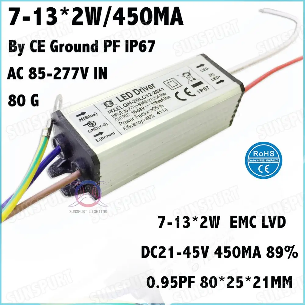 

5 Pcs CE IP67 Ground 20W AC85-277V LED Driver 7-13Cx2W 450mA DC21-45V Constant Current LED Power For Ceiling Lamp Free Shipping