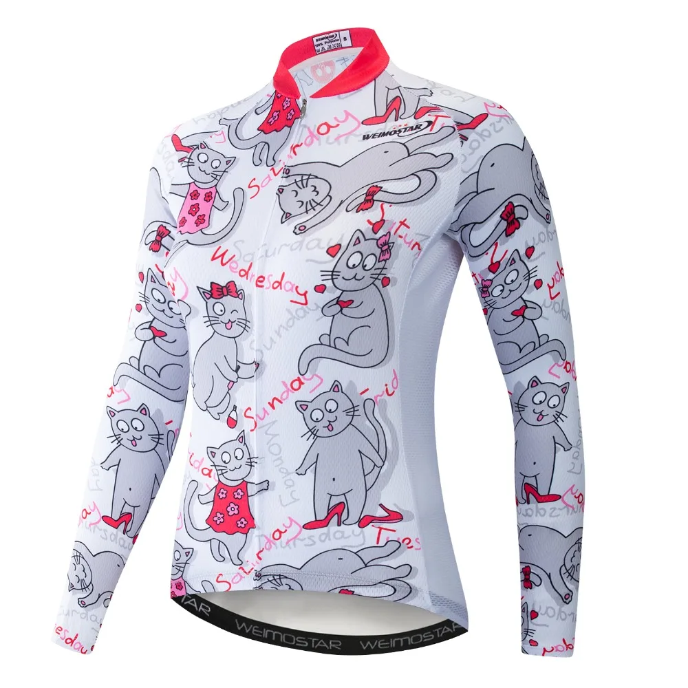 Women Cycling Jersey Long Sleeve mtb Bicycle Clothing Maillot Ciclismo Road Sport Mountain Bike Jersey Cycle Wear Cat White Red