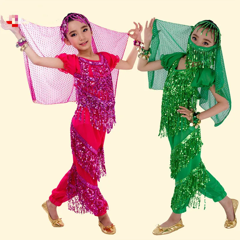 5 Pcs Sequin Child Belly Dance Costume Girl Tassel Indian Dance Costume Kids Bollywood Dance Clothing Set Bellydance Dress 89