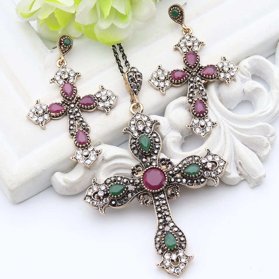 Vintage Turkish Flower Cross Jewelry Set Religious Antique Gold Color Jewelry Sets Cross Necklace Earrings Bridal Jewelry Sets