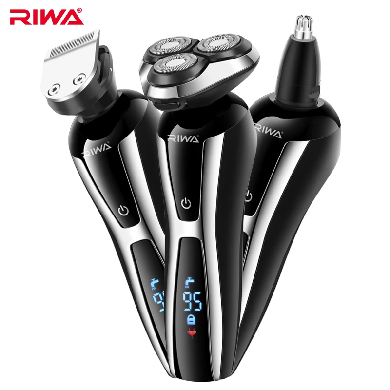 

RIWA 3 in 1 Washable Rechargeable Rotary Electric Shaver Triple Blade Shaving Razor Nose Trimmer For Men LCD Display