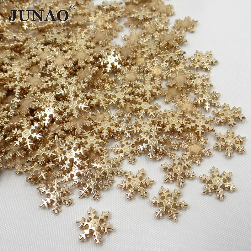 JUNAO 12mm 100pcs Snowflake Hotfix Gold Color Rhinestones Patches Hot Fix Metal Motifs Iron On Patches Clothes Applique
