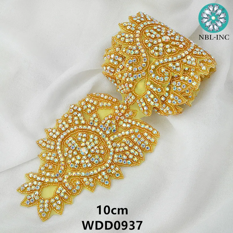 (10 yards )Bridal beaded gold AB crystal Rhinestone Applique Trim iron on for wedding dress rhinestone applique belt WDD0937