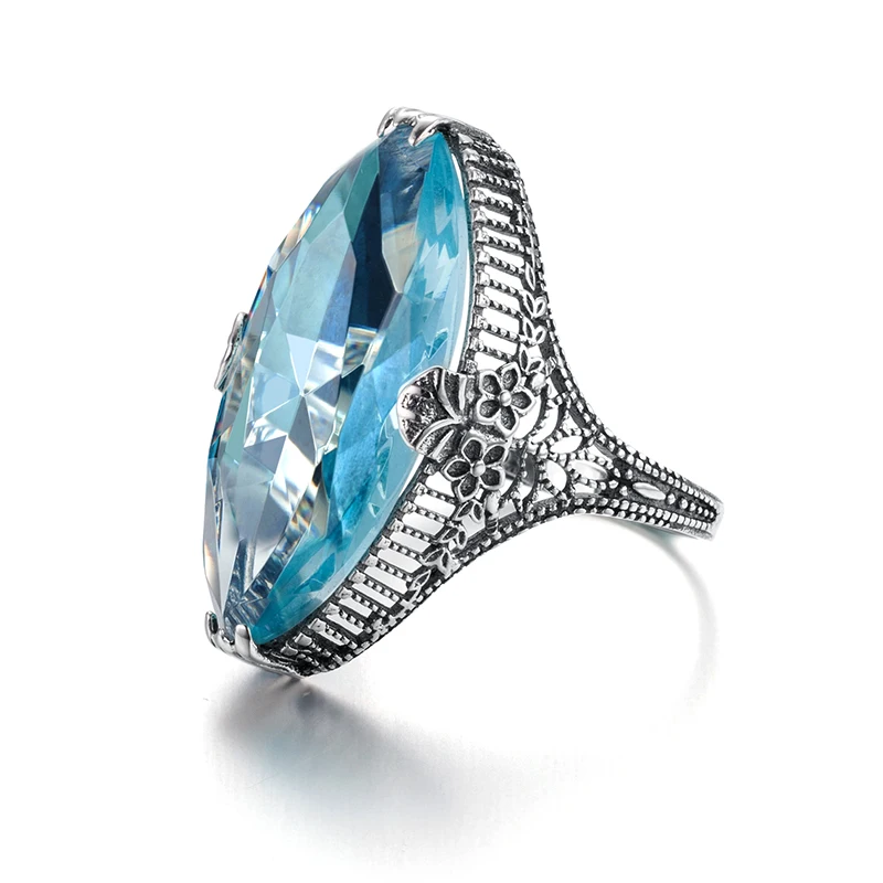 Königliche Vintage-Edelsteinringe, großer ovaler himmelblauer Aquamarin, echter 925er Sterlingsilber-Cocktailring für Damenparty – Detail 8