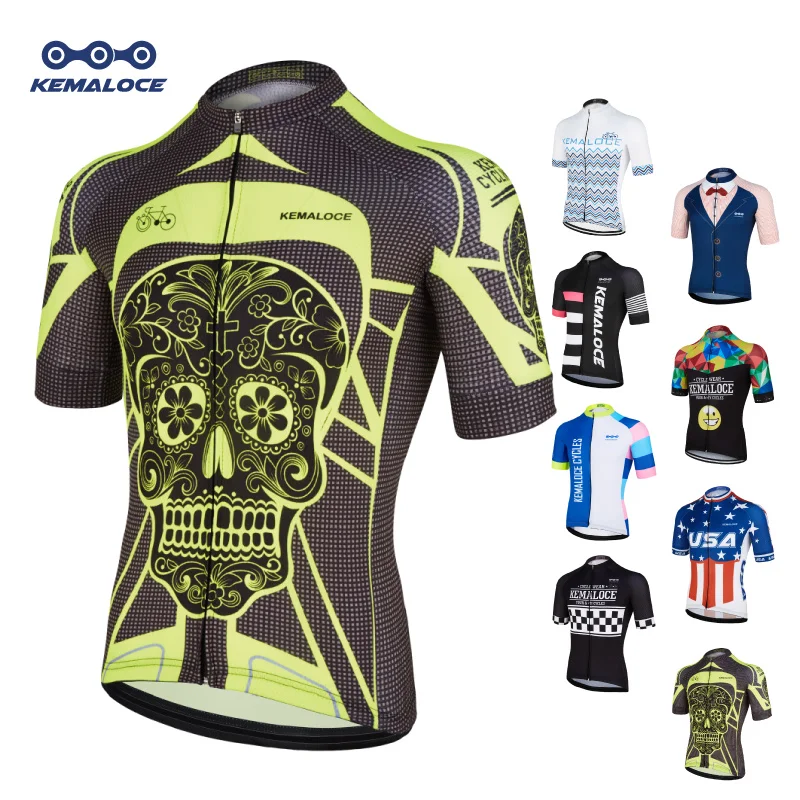 KEMALOCE Cycling Jersey Wear Yellow Bright Skeleton China Short Sleeve Bicycle Shirts Clothing Crane Summer Men Bike Shirts