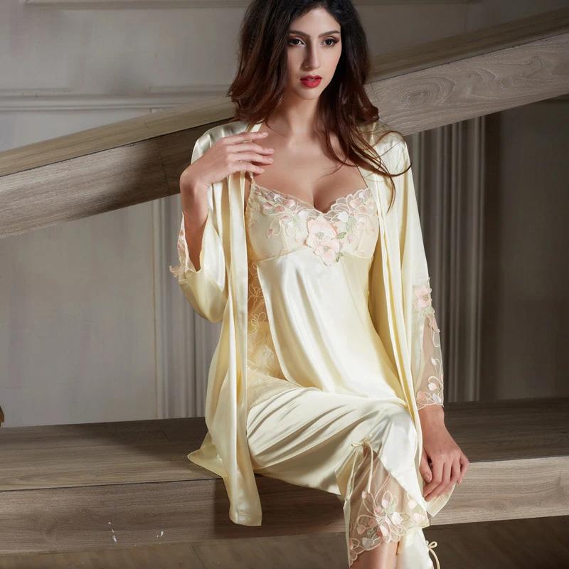 Xifenni Pajama Sets Female Lace Embroidery Faux Silk Sleepwear Women Spring Summer Three-Piece Sexy Satin SILK Pyjamas 6632