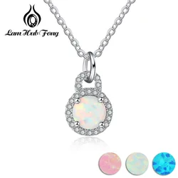 925 Sterling Silver Pendant Necklace Cubic Zirconia & Round Blue Pink White Opal Necklace For Women Fine Jewelry (Lam Hub Fong )