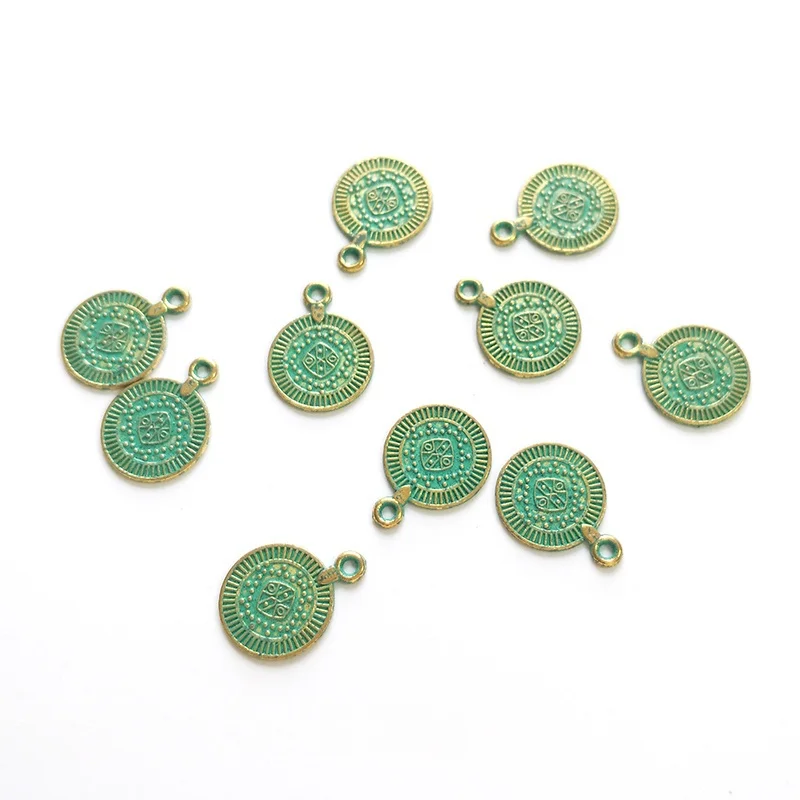 20pcs 14MM Retro Patina Plated Zinc Alloy Green Small Round Coin Charms Pendants for DIY Jewelry Accessories PJ004