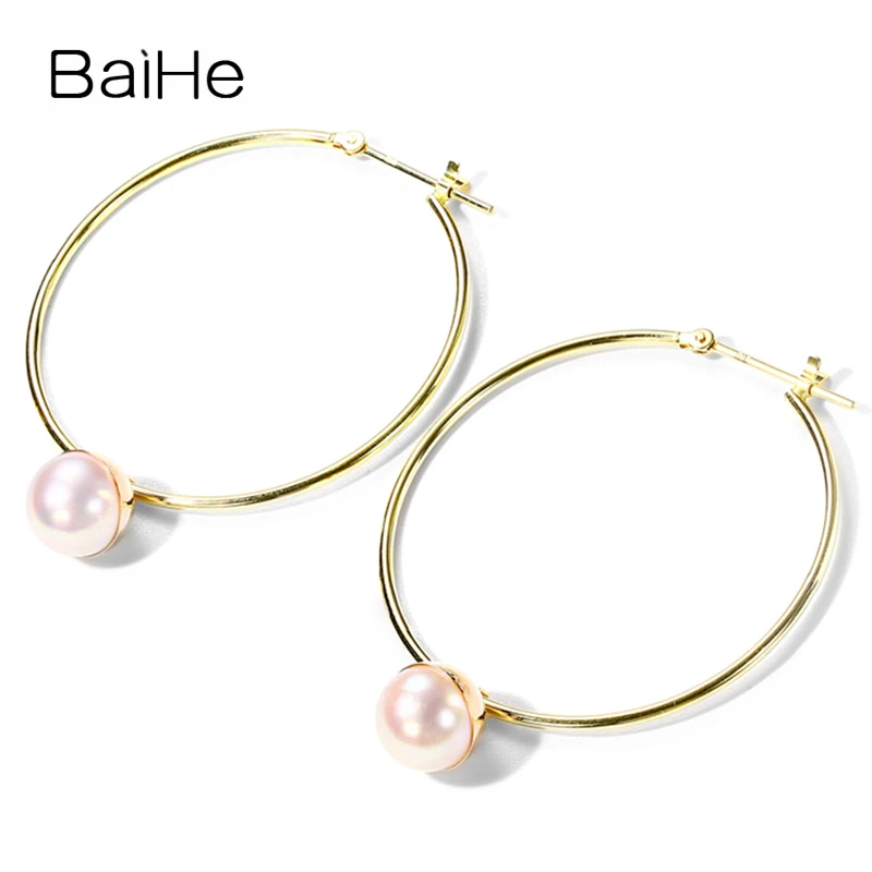 

BAIHE Real Solid 14K Yellow Gold 7.5-8mm Natural Freshwater Pearl Stud Earrings Women Trendy Fine Jewelry pendientes mujer