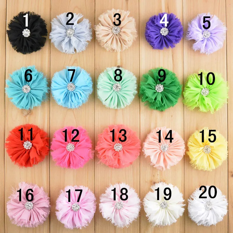 30pcs/lot Vintage Shabby Chiffon Flowers With Rhinestone Centers