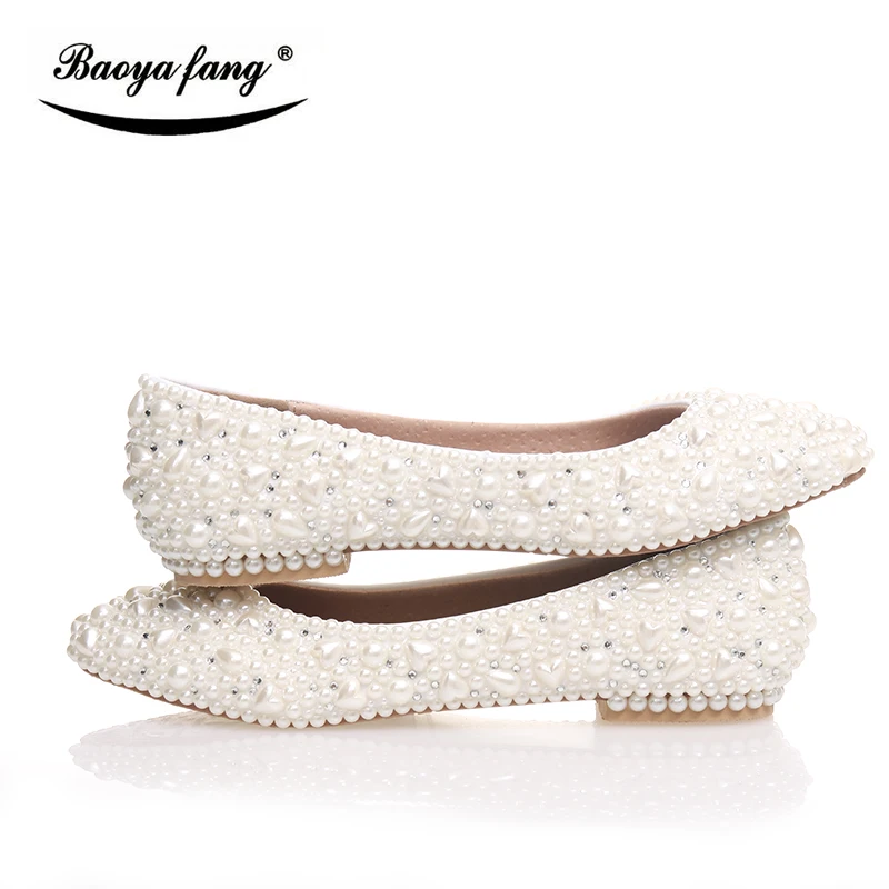 BaoYaFang Beige pearl Crystal womens wedding shoes Flat big size female shoes real leather insole woman shoes Bridal party shoes