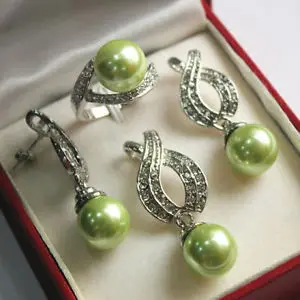 Free shipping@@@@@ 1Set AAA 12mm Green Shell Pearl Pendant Necklace Earrings Ring Set 033