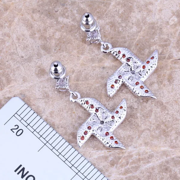 Precious Red Garnet White CZ Silver Plated Dangle Drop Windmill Earrings N1139