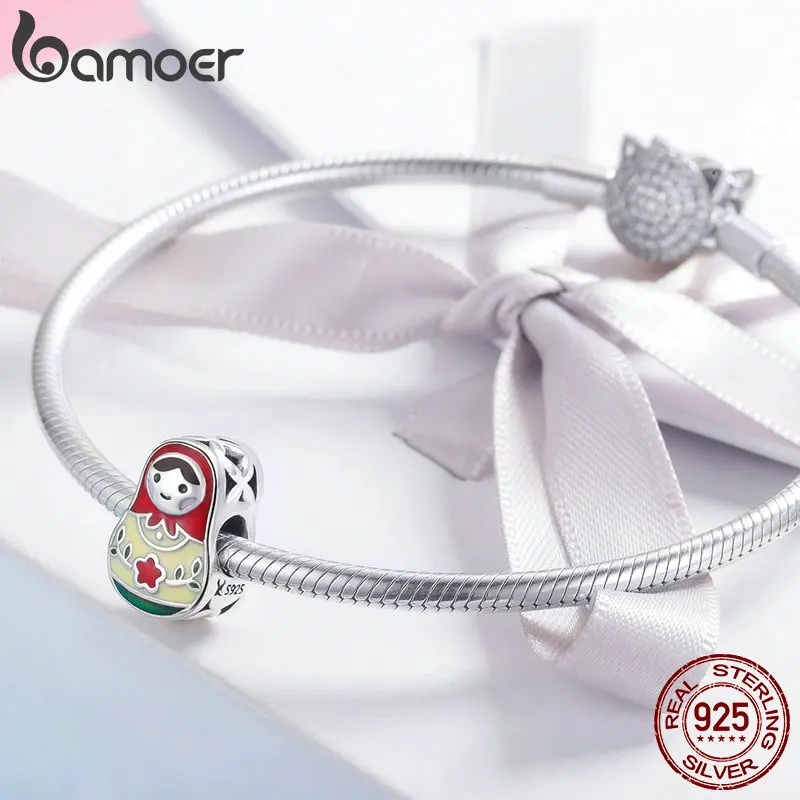 BAMOER 100% 925 Sterling Silver Colorful Enamel Matryoshka Beads Charms fit Women Bracelets & Bangles Jewelry Making SCC1086