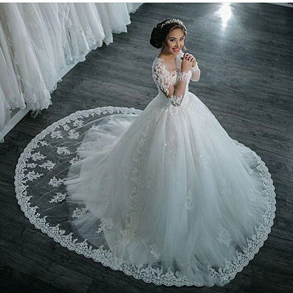 Dubái-vestidos De Novia elegantes De manga larga, traje De boda De corte en A con cuello De tripulación pura, Apliques De encaje con cuentas, novedad De 2021