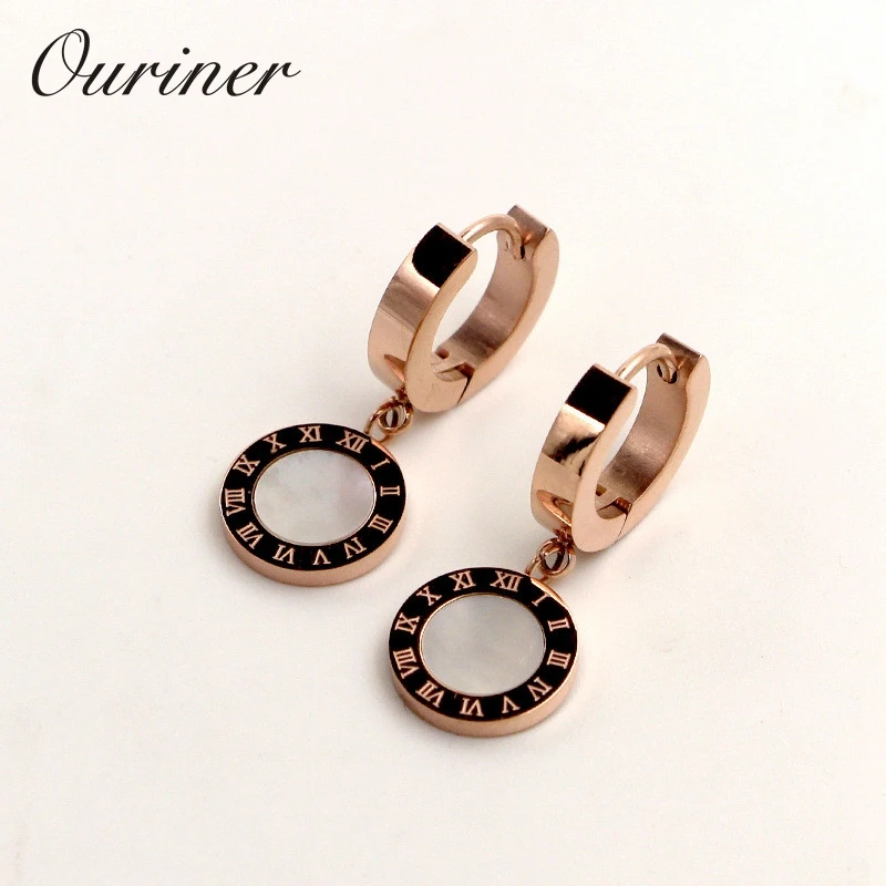 Twelve Constellations Design Women Earrings Rose Gold-color White Black Shell Circular Surface Roman Letter Dance Earring KE006