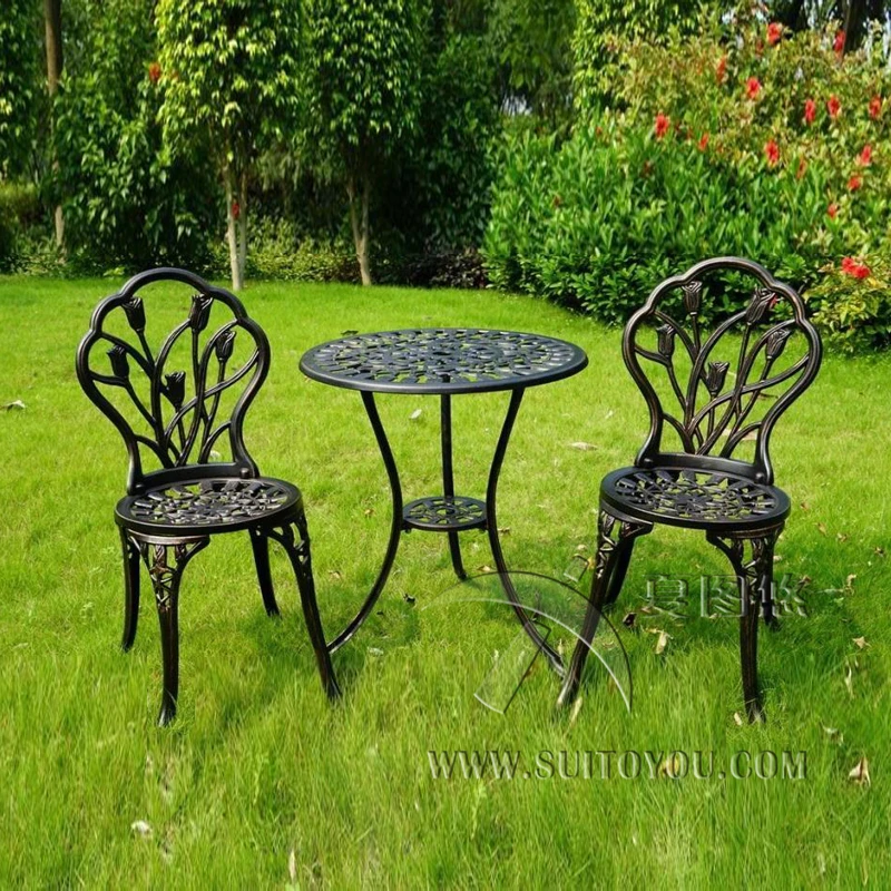 

Cast Aluminum garden furniture 3 pcs Tulip pattern outdoor chairs and table for Blacony,courtyard Porch Terrace all weather