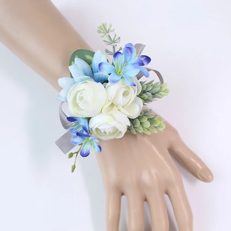 Romantic White Wedding Boutonnieres and Wrist Corsage Silk Rose Hand Flowers Bridesma Wrist Flower Blue Bridal Bouquet Accessory