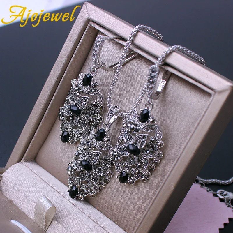 Ajojewel Brand Vintage Jewelry Sets For Women Black Crystal Hollow Flower Necklace Earrings Ring Unique Gifts