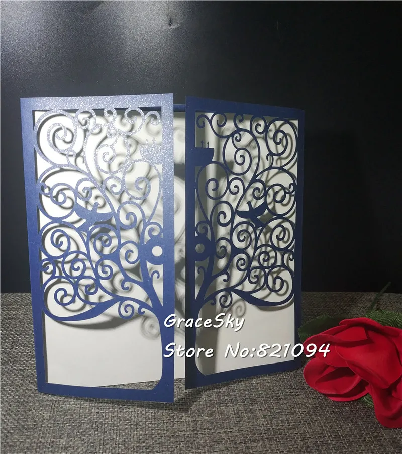 

free shipping 50pcs/Lot Laser Cut Happy Big Tree design Wedding Birthday Invitation Cards With text customized RSVP cards