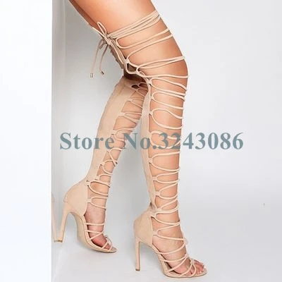 Peep Toe Hollow Out Thin High Heel Knee High Sandal Boots Gold Black Patent Leather Cross Strap Zipper Long Boots Sexy Shoes