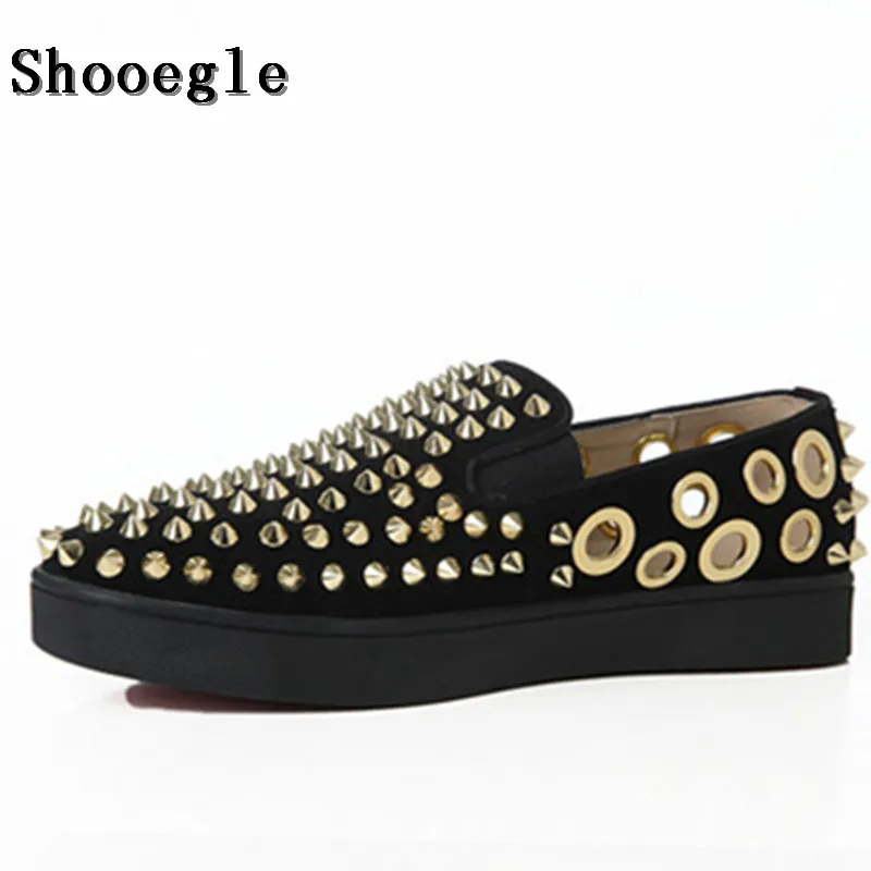 

SHOOEGLE High Quality Summer Men Casual Shoes Gold Spikes Rivets Breathable Holes Flats Chaussure Homme Daily Espadrilles Man