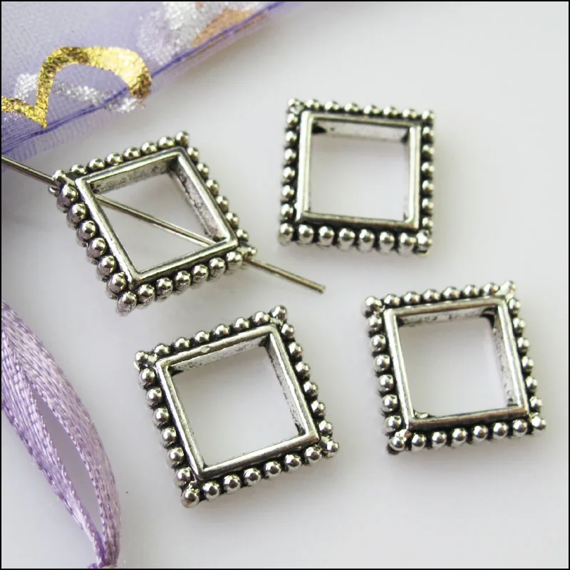 16Pcs Antiqued Silver Color Square Circle Spacer Beads Frame Charms 13mm