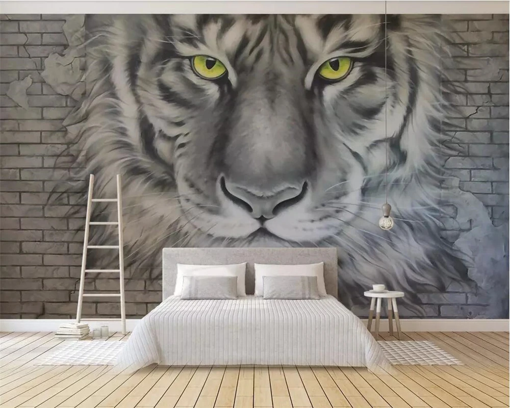 Custom wallpaper gray brick wall tiger TV background wall paper home decor living room bedroom background 3d wallpaper