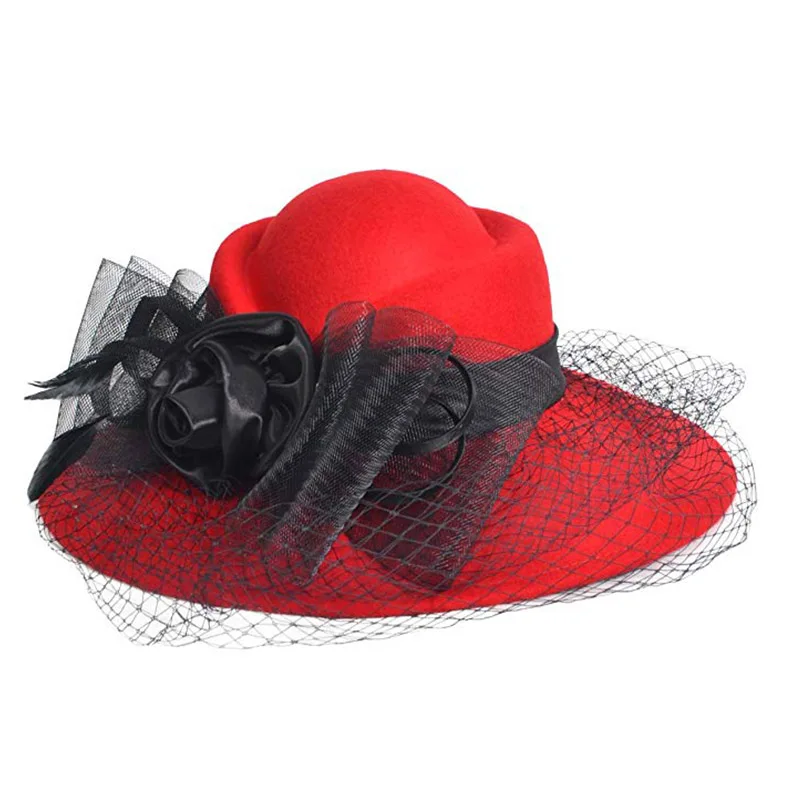 2023 Women Fascinators Wide Brim Wool Felt Hat Cocktail Party Wedding Fedora Hats Dress Church Hat Plumy Felt Floppy Winter Hat