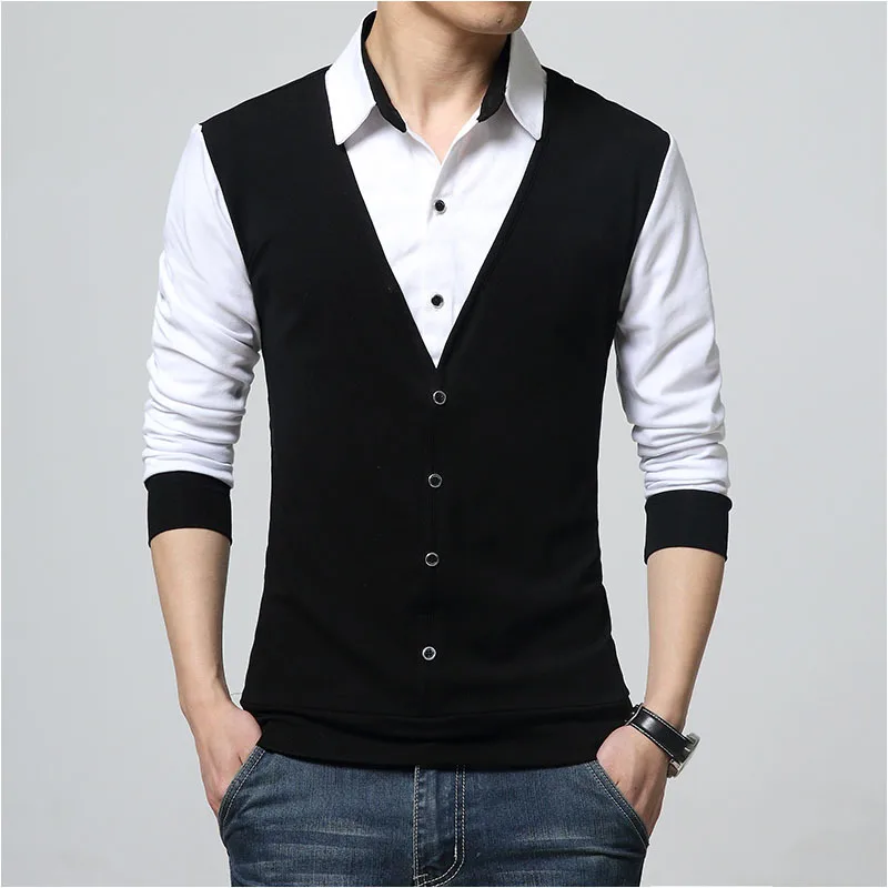 Brand New Spring Autumn Mens Polo Shirt Fashioh Fake Two Designer Clothing Cool Polos Men Long Sleeve Shirt Casual Business Male